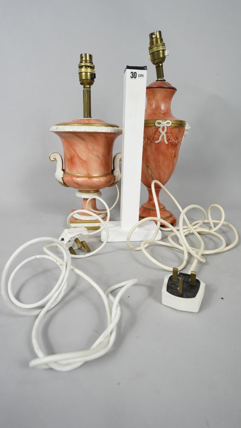 Two vintage gilded and hand painted orange marble effect two handled urn design table lamps. One - Image 7 of 16