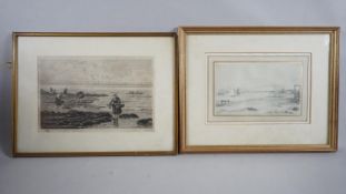 A pencil sketch with ink highlights on paper of the coast at Gravesend and a 19th century etching