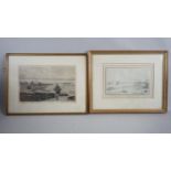 A pencil sketch with ink highlights on paper of the coast at Gravesend and a 19th century etching