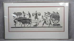 A large framed and glazed Chinese wood block print of farmers ploughing a field with cattle. H.65