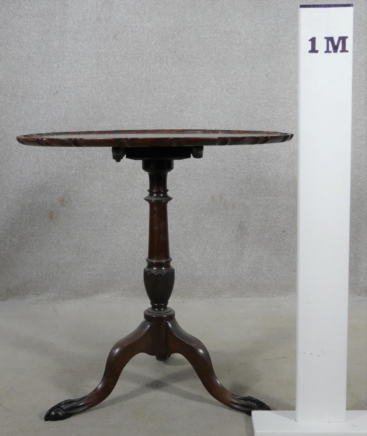 A Georgian style mahogany tilt top occasional table with pie crust edge on husk carved turned - Image 9 of 10