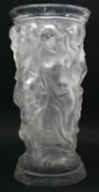 A Lalique style frosted clear glass lamp base with relief figures of ladies in flowing robes and