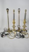 Two pairs of contemporary brass and metal table lamps. One pair antiqued brass effect with square