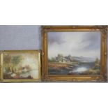 A gilt framed oil on canvas, Alpine landscape and a similar painting. H.65 W.74cm (largest)