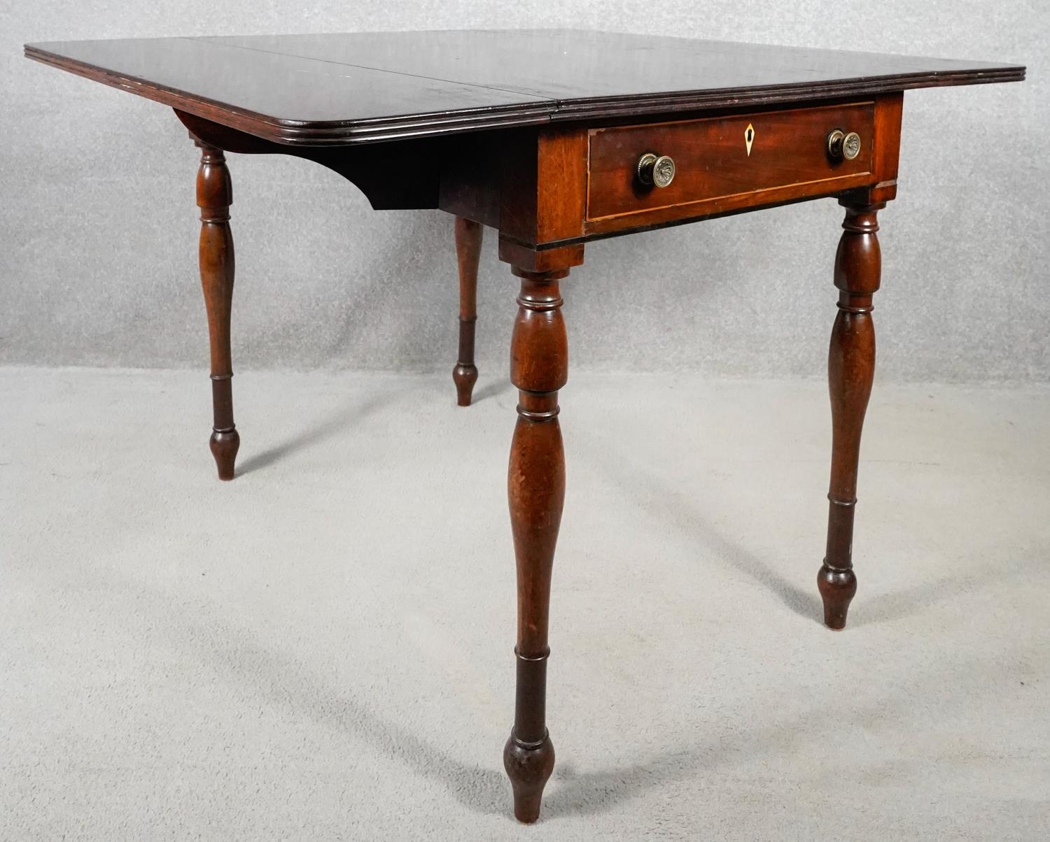 A 19th century mahogany drop flap Pembroke table with frieze drawer on turned tapering supports. H. - Image 3 of 7