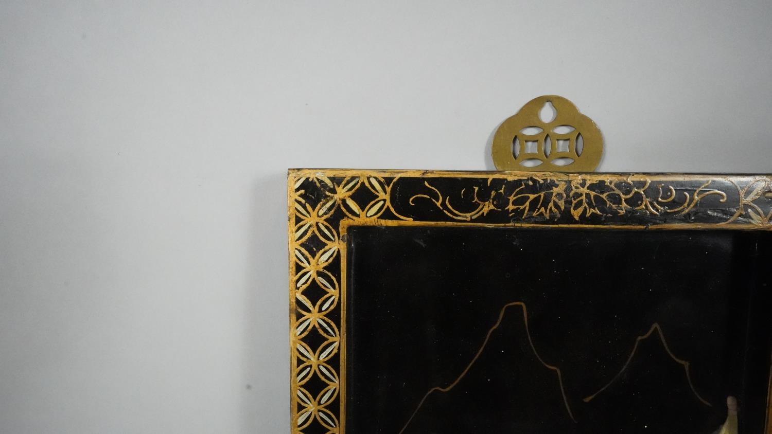 Two vintage Japanese lacquered wooden plaques with gilded borders, mounted with bone and mother of - Image 6 of 8