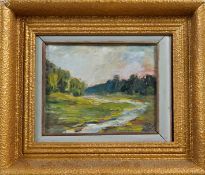 A framed oil on board, Impressionist riverscape, indistinctly signed. H.35 W.41cm