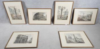 After Cavalier Piranesi - Six framed and glazed 19th century hand coloured engravings of various