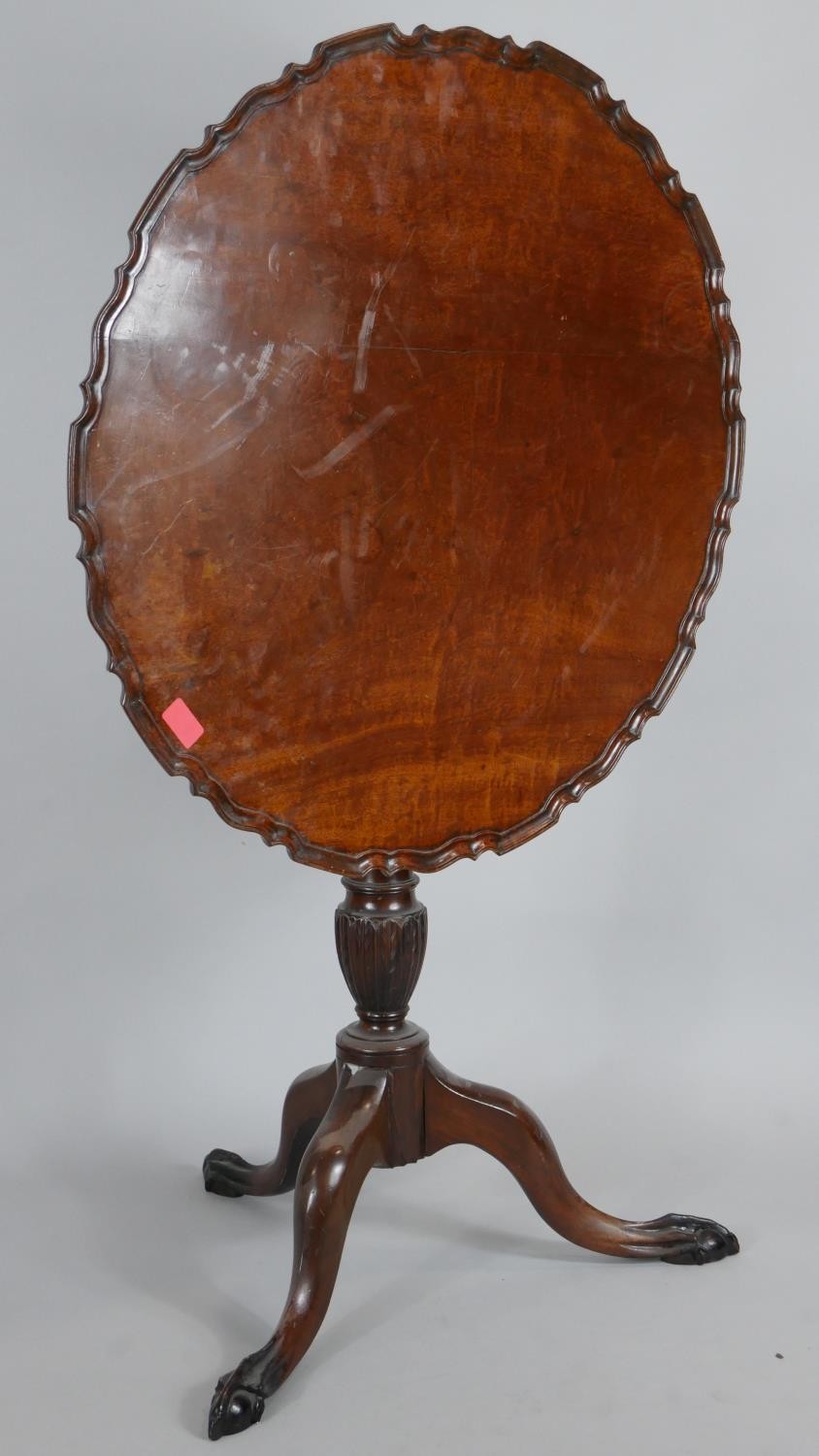 A Georgian style mahogany tilt top occasional table with pie crust edge on husk carved turned - Image 7 of 10