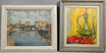 Oil on board, Bristol Bridge from Welsh Backs, signed and dated S W Nelson 1954 and a still life oil