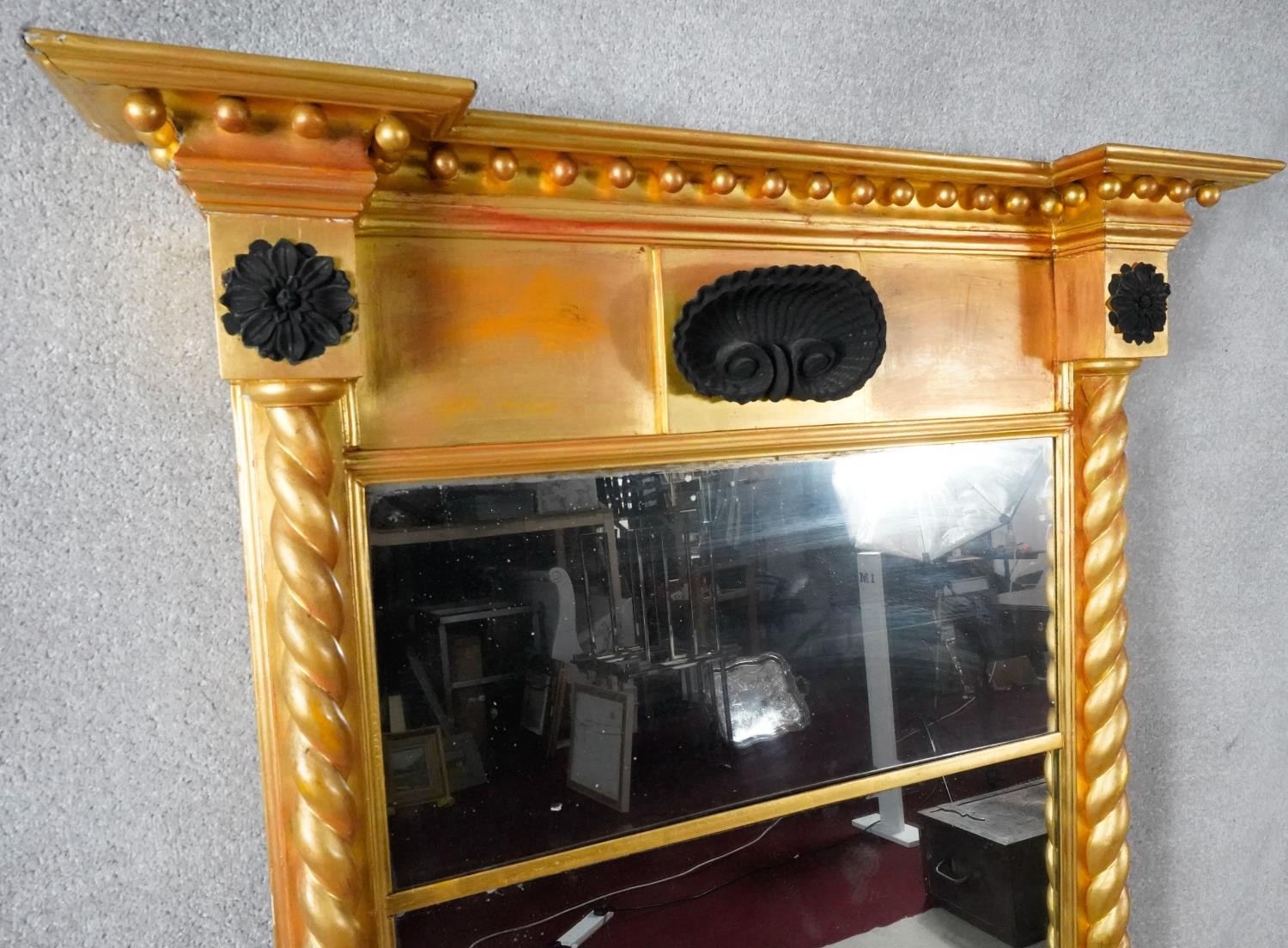 A Regency giltwood full height pier mirror with ball decorated architectural cornice above - Image 3 of 4