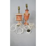 Two vintage gilded and hand painted orange marble effect two handled urn design table lamps. One