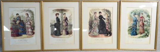 Four framed and glazed antique hand coloured engravings depicting plates from the French fashion