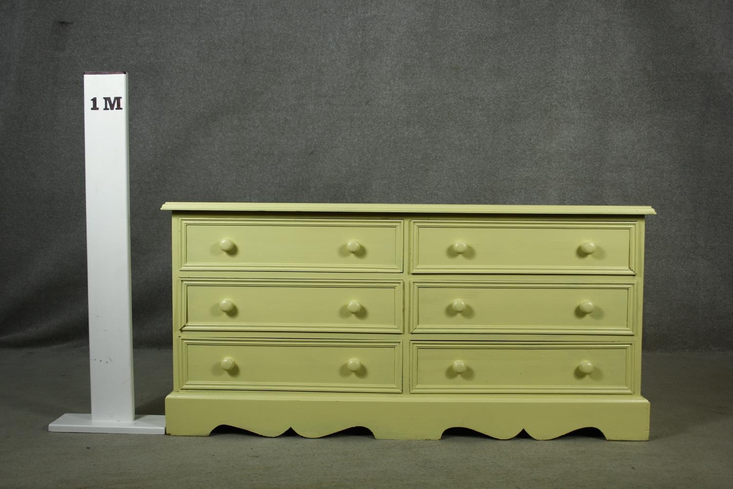 A Victorian style painted small chest of six short drawers on shaped bracket feet. H.65 W.133 D.41cm - Image 6 of 6