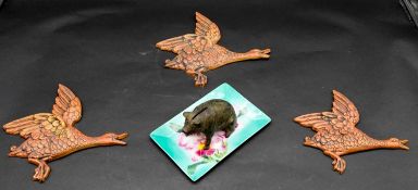 A Collection of metal items. Including a set of three vintage Lombard brass flying ducks, an