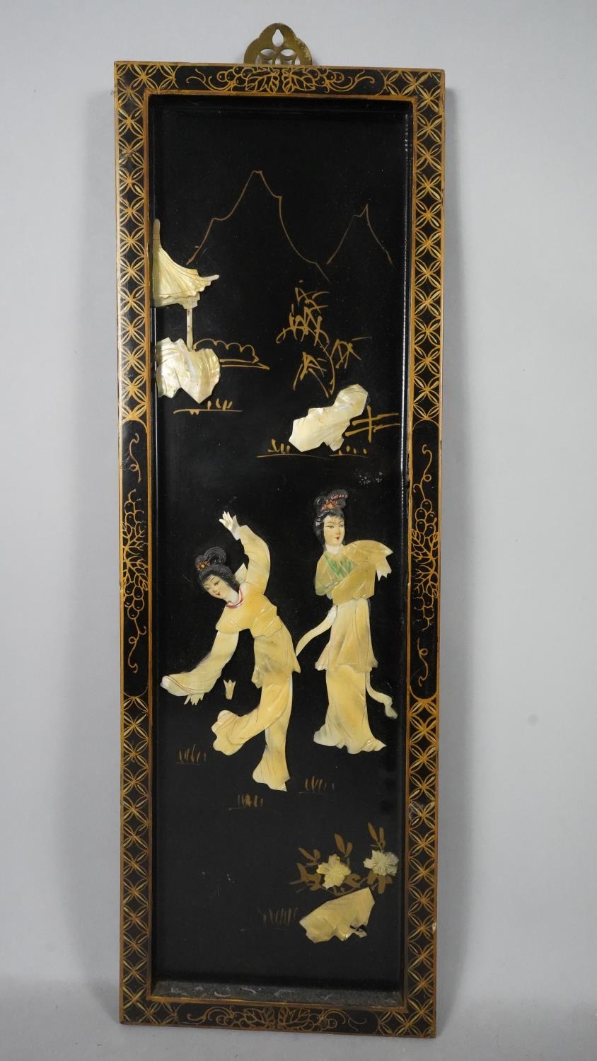 Two vintage Japanese lacquered wooden plaques with gilded borders, mounted with bone and mother of - Image 2 of 8