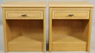 A pair of bespoke inlaid light oak bedside cabinets. H.59 W.52 D.35cm