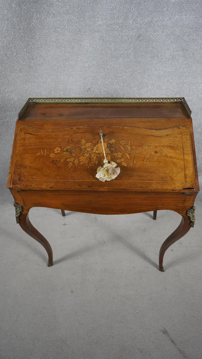 A late 19th century rosewood Louis XV style bureau de dame with pierced brass back rail and fall - Image 3 of 8