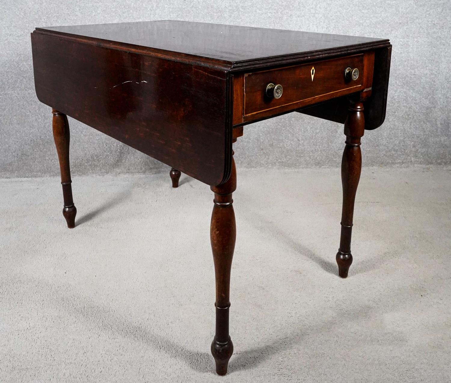 A 19th century mahogany drop flap Pembroke table with frieze drawer on turned tapering supports. H. - Image 2 of 7