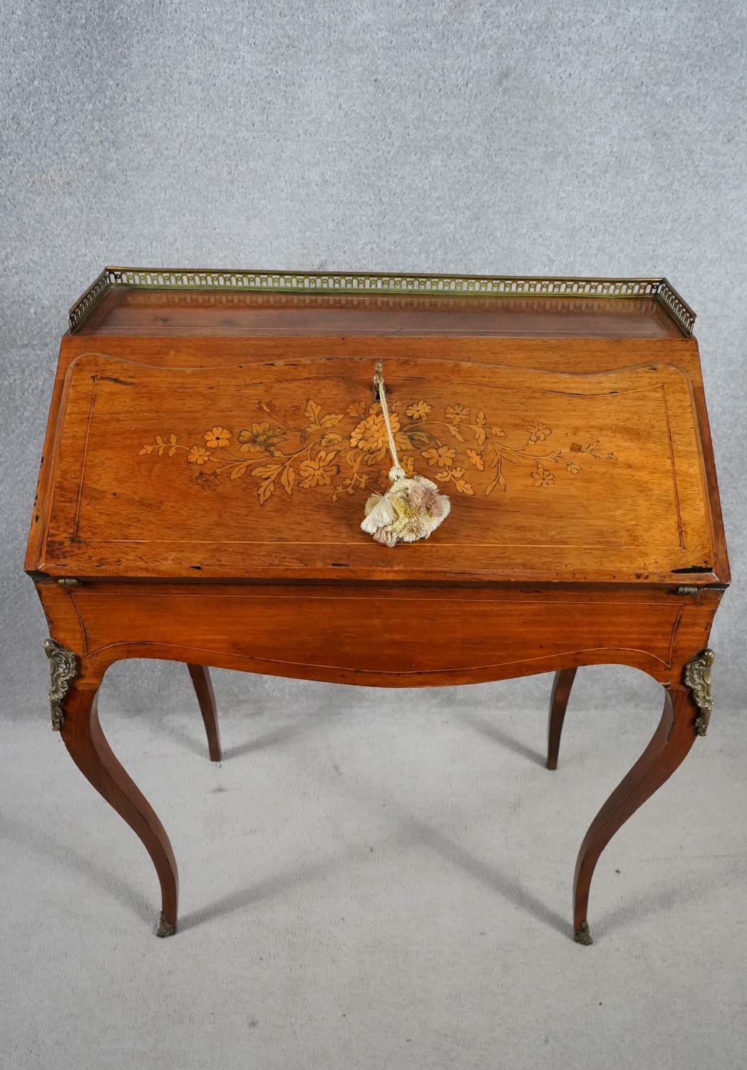 A late 19th century rosewood Louis XV style bureau de dame with pierced brass back rail and fall - Image 2 of 8