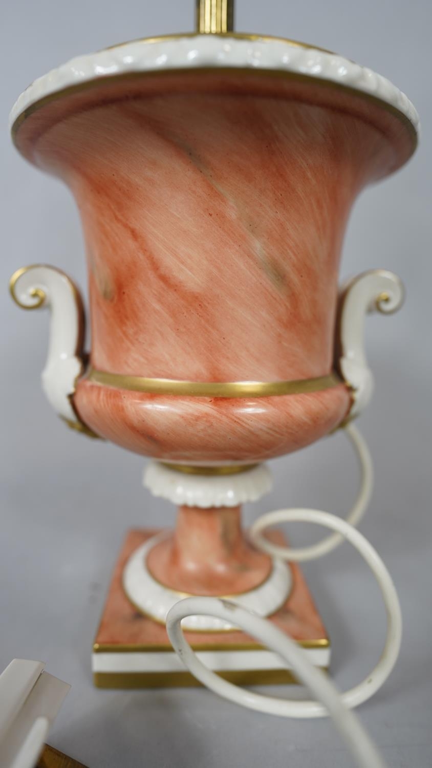 Two vintage gilded and hand painted orange marble effect two handled urn design table lamps. One - Image 4 of 16