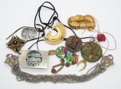 A collection of costume jewellery. Including an Alpaca silver and turquoise belt buckle, a vintage