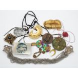 A collection of costume jewellery. Including an Alpaca silver and turquoise belt buckle, a vintage