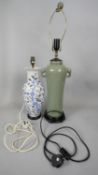 Two contemporary Chinese vase lamps. One with a pale green celadon crackle glaze and twin elephant