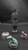 A collection of ceramics and a white metal box. Including a Tang style terracotta warrior statue and