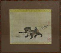 A framed and glazed print of a woodblock print, Yi Am (Korean) - Puppy Playing With A Pheasant