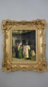 An oil on board, North African courtyard scene in ornate gilt frame. H.39 W.34