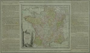 A framed and glazed 19th century hand coloured map of France, titled 'La France divide en fes