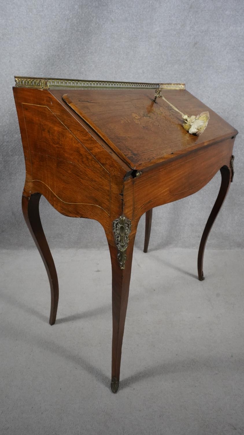 A late 19th century rosewood Louis XV style bureau de dame with pierced brass back rail and fall - Image 4 of 8