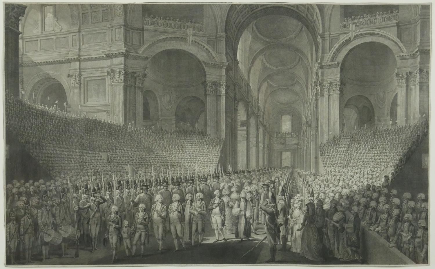 After James Neagle, a framed and glaze 18th century engraving Celebration of the Recovery of