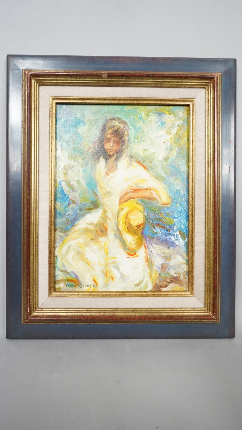 A framed oil on canvas, Impressionist style, girl with a straw hat, signed M. P. Ascensio. H.49 W.59 - Image 2 of 8