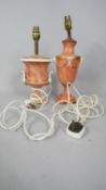 Two vintage gilded and hand painted orange marble effect two handled urn design table lamps. One