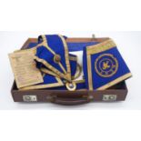 Leather cased Masonic regalia, with blue silk dress collar with silver gilt medal, Kent with royal
