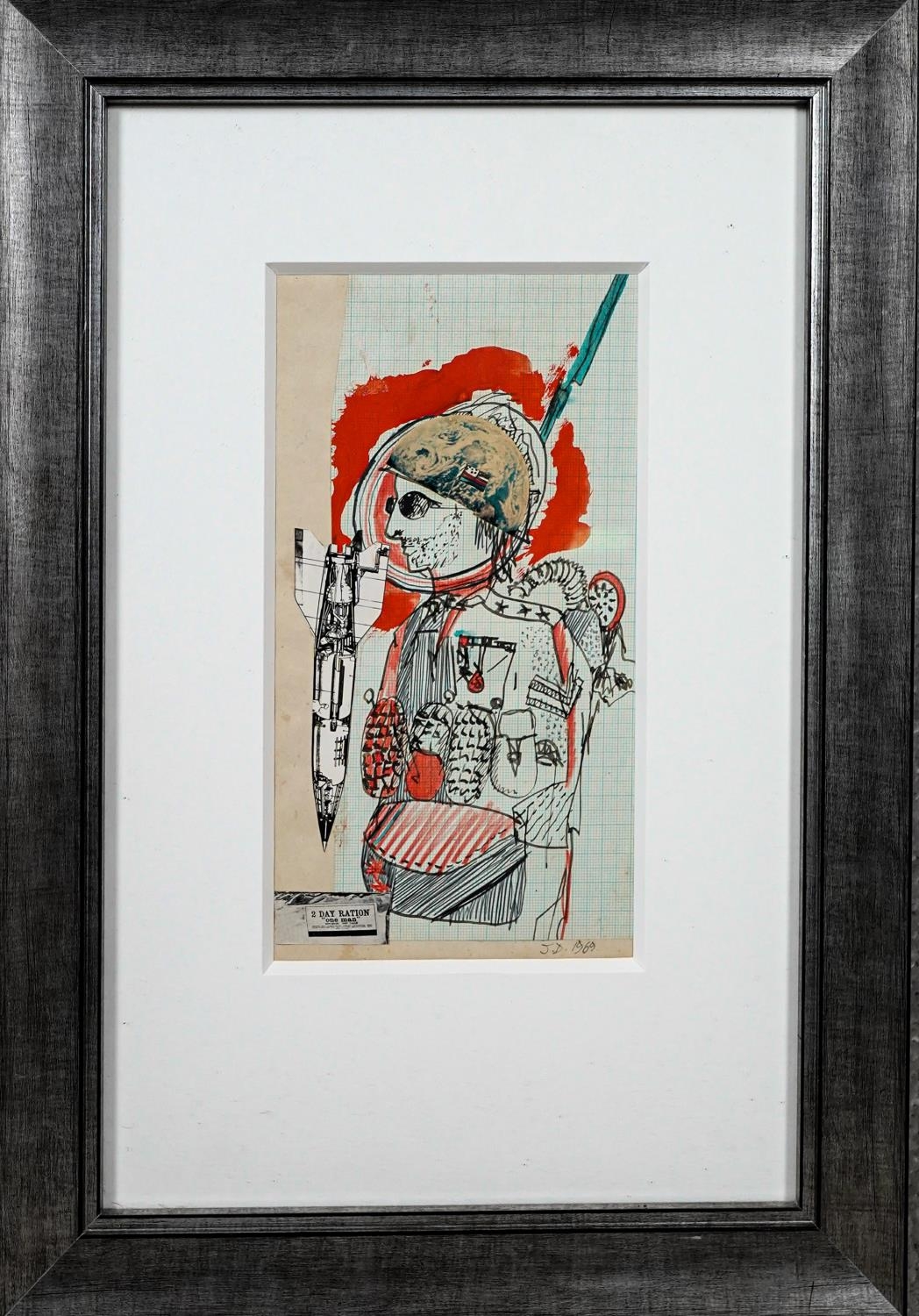 A framed and glazed mixed media work, anti Vietnam War theme, 2 day ration for one man, initialled J - Image 2 of 6