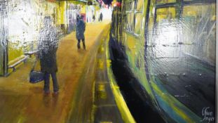 A framed oil on board of a train station, 'Another departure' signed Clive Sayer, inscribed and