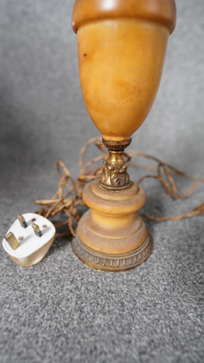 An antique marble and gilt metal table along with a brass twin handled table lamp on four lion paw - Image 7 of 12