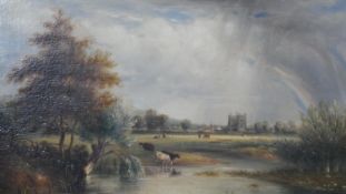 19th century English school, oil on board cattle drinking by a river, label to reverse reads,