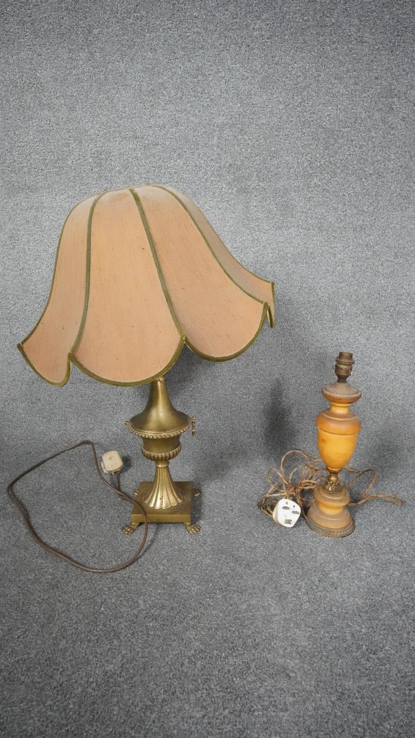 An antique marble and gilt metal table along with a brass twin handled table lamp on four lion paw - Image 2 of 12
