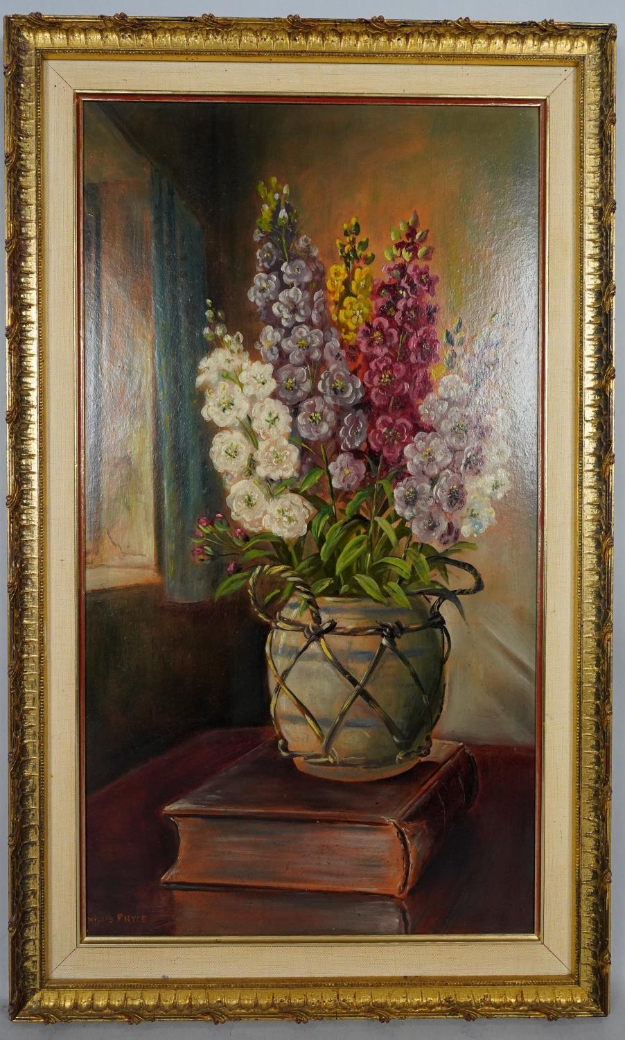 George Willis-Pryce (1866-1949), a framed oil on board, still life flowers in a vase standing on a - Image 2 of 7