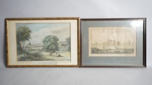 Two framed and glazed hand coloured engravings. One of a view of Rotherham, taken from Romley