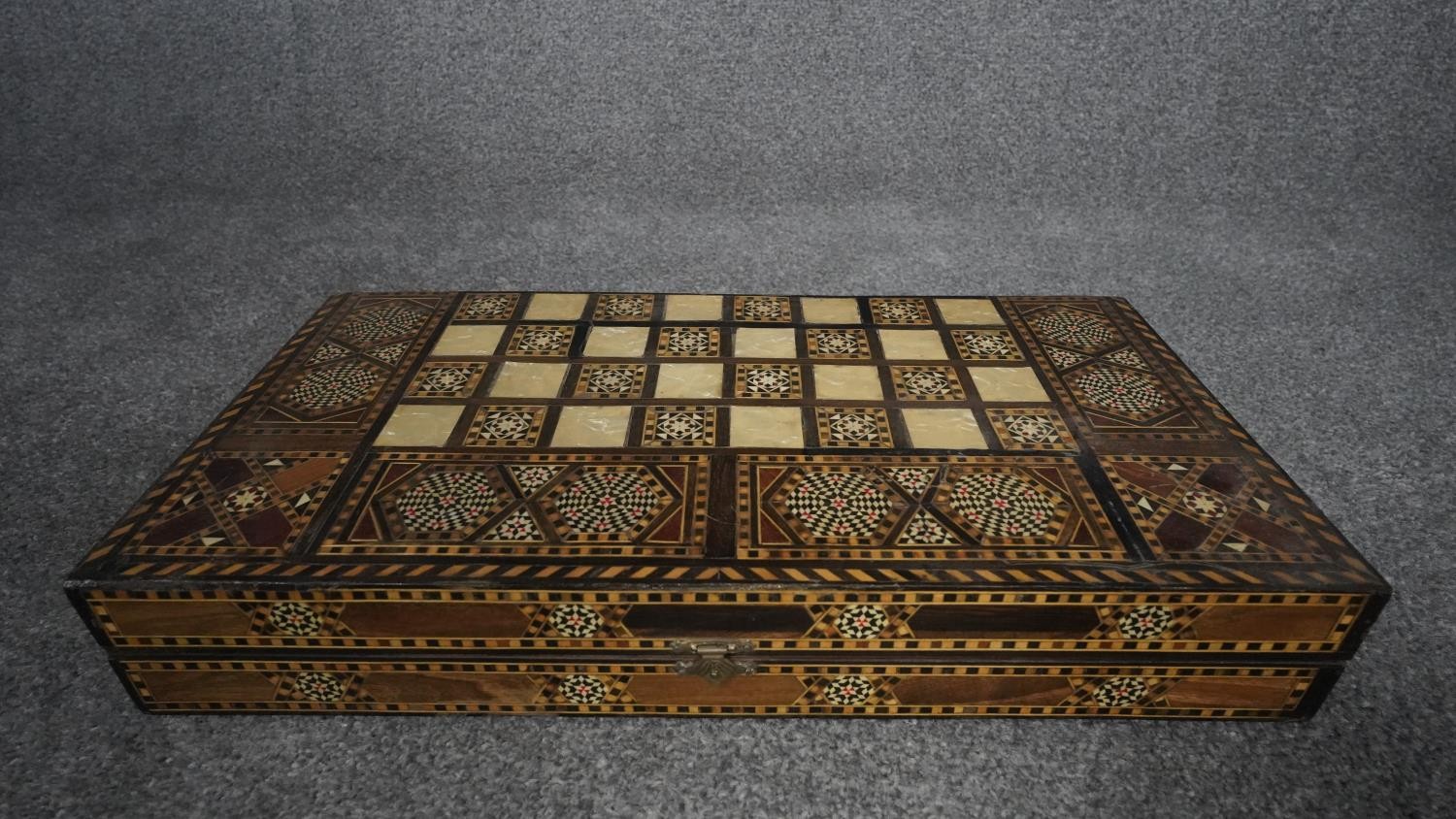 A micro mosaic Indian inlaid marquetry draughts set with draughts along with a Victorian inlaid - Image 3 of 7