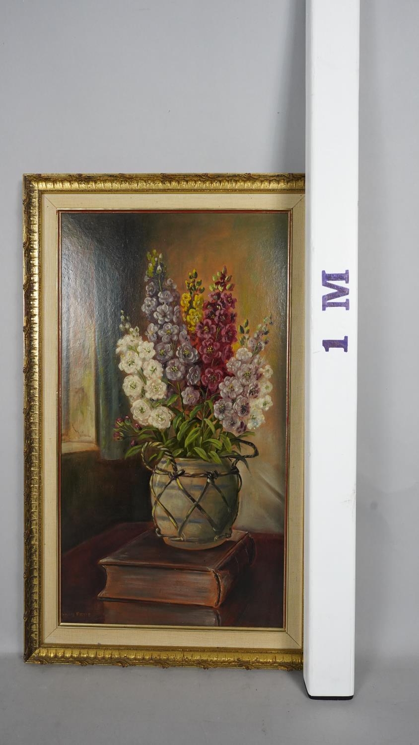 George Willis-Pryce (1866-1949), a framed oil on board, still life flowers in a vase standing on a - Image 7 of 7