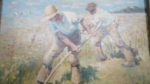 An oil on canvas, men harvesting, signed Royle. H.66 W.55