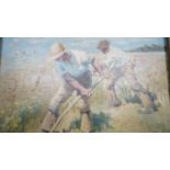 An oil on canvas, men harvesting, signed Royle. H.66 W.55