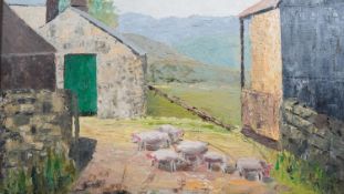 A framed oil on canvas, pigs in a farmyard in Breacon, signed M O Howarth and inscribed to the