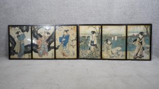 Two c1900's framed and glazed Japanese wood block triptychs by Utagawa Kuniyoshi, with Japanese